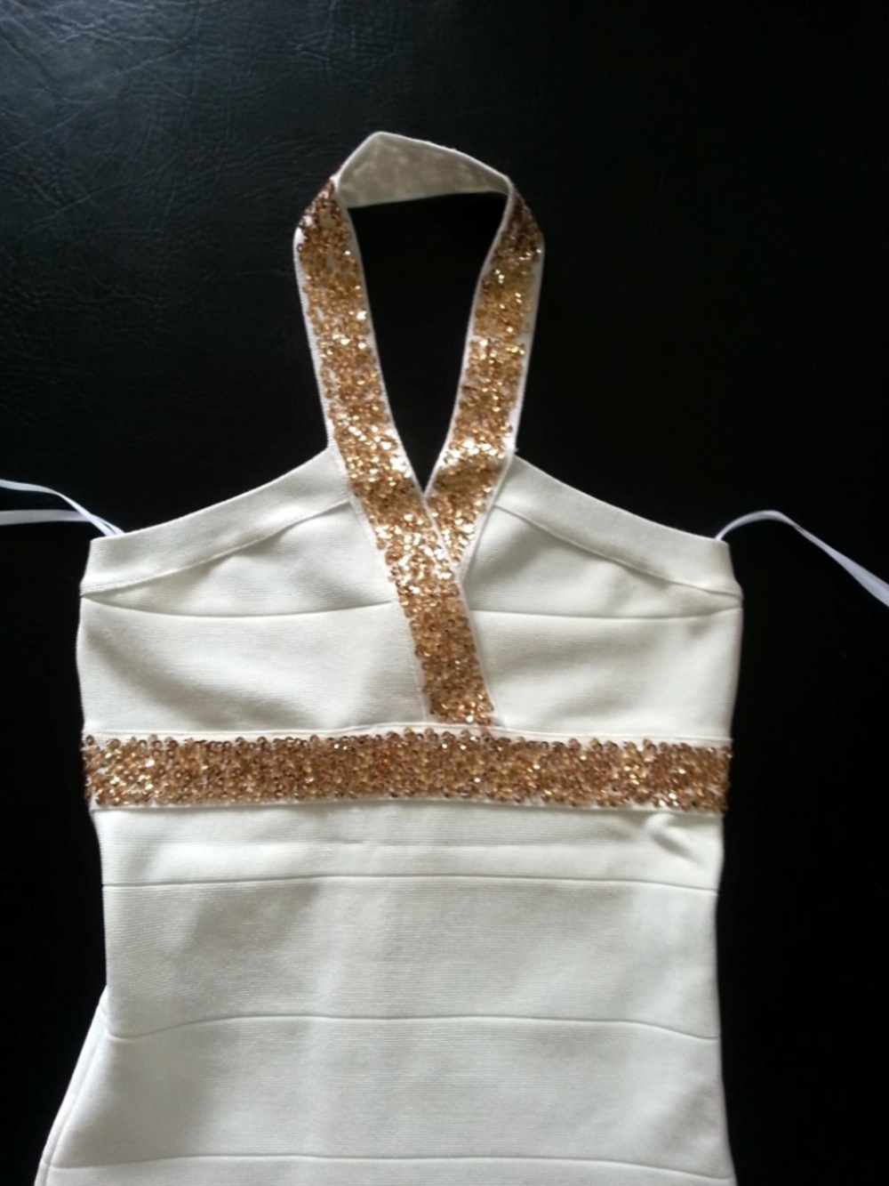 New bebe ivory white gold sequin halter zip bandage top dress - Picture 2 of 6